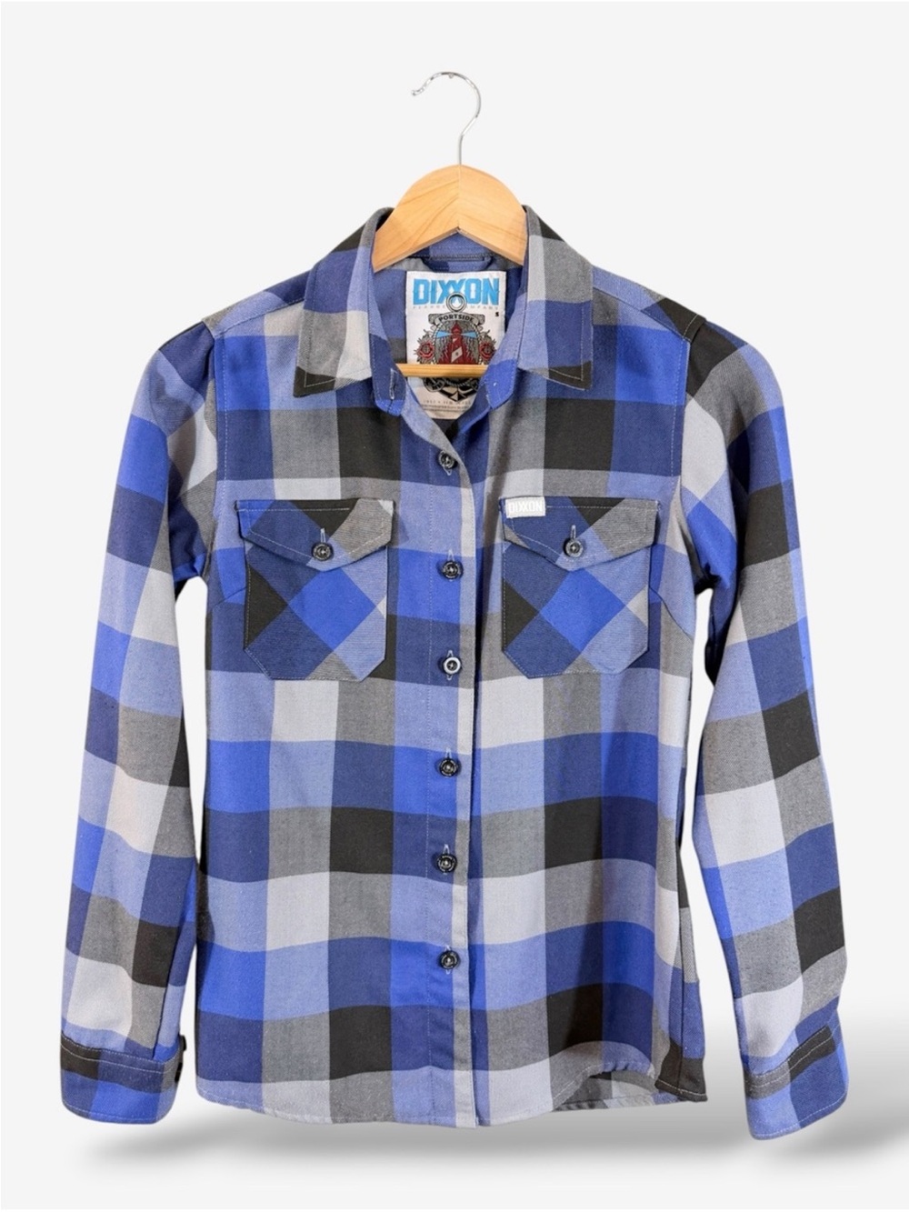 Dixxon Portside Flannel Button Down Shirt Women's S Blue Plaid Long Sleeve